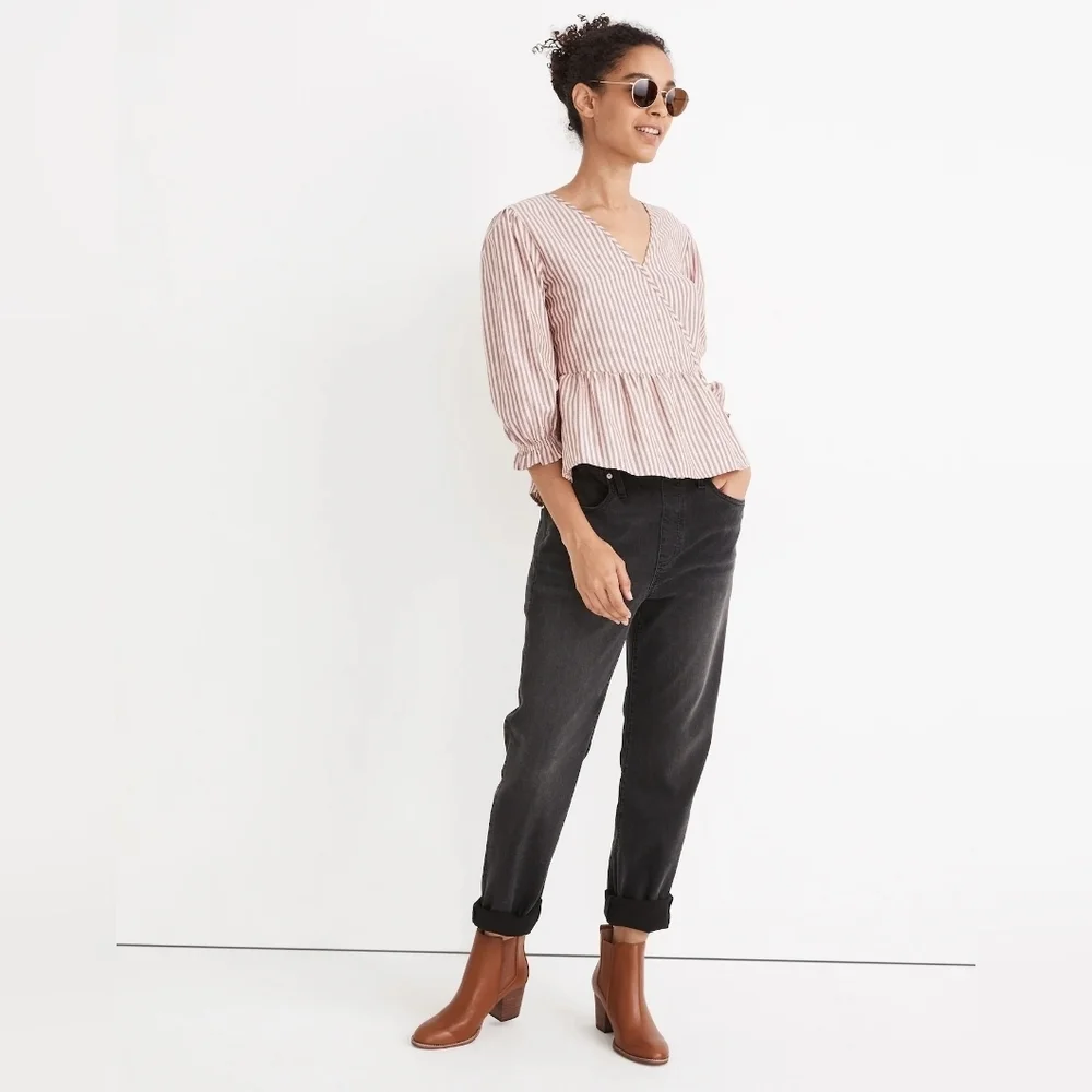 Madewell Puff-Sleeve Peplum Wrap Top in Stripe
